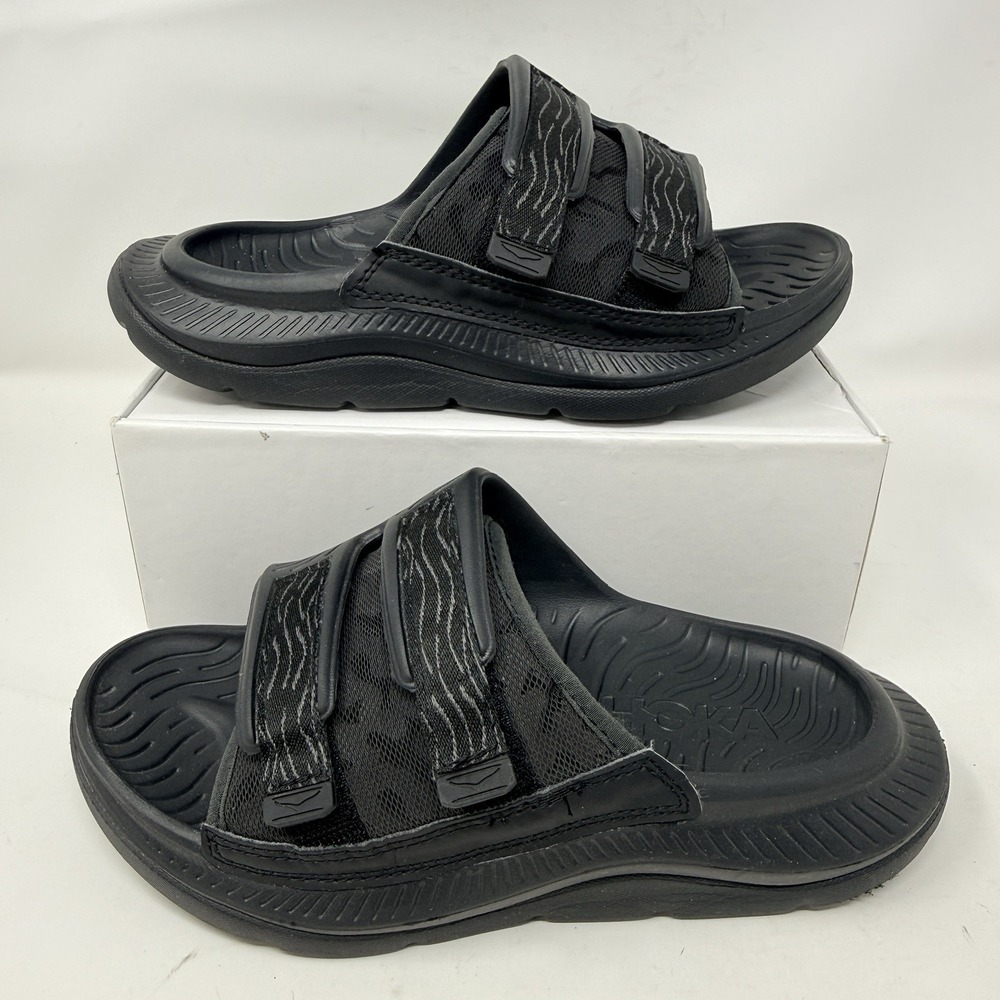 HOKA Ora Luxe Recovery Slides Womens Size 6 Black Adjustable Sandals 1134150